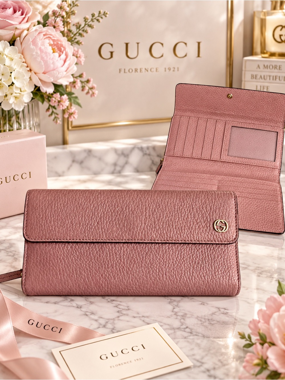 Gucci Interlocking G 449397 Pink Pebbled Leather Continental Long Wallet